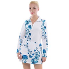 Abstract Blue Flowers On White Women s Long Sleeve Casual Dress by SpinnyChairDesigns