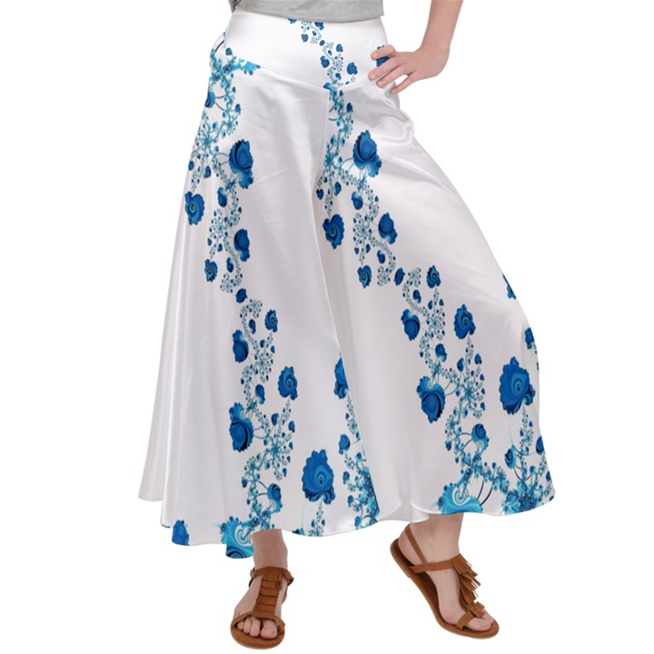 Abstract Blue Flowers on White Satin Palazzo Pants