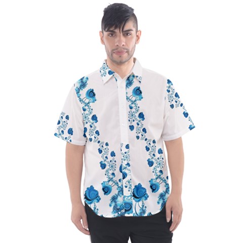 Abstract Blue Flowers On White Men s Short Sleeve Shirt by SpinnyChairDesigns