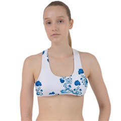 Abstract Blue Flowers On White Criss Cross Racerback Sports Bra by SpinnyChairDesigns