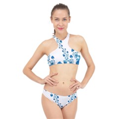 Abstract Blue Flowers On White High Neck Bikini Set by SpinnyChairDesigns