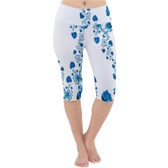 Abstract Blue Flowers On White Lightweight Velour Cropped Yoga Leggings by SpinnyChairDesigns