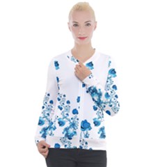 Abstract Blue Flowers On White Casual Zip Up Jacket by SpinnyChairDesigns