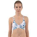 Abstract Blue Flowers on White Wrap Around Bikini Top View1