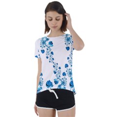 Abstract Blue Flowers On White Short Sleeve Foldover Tee