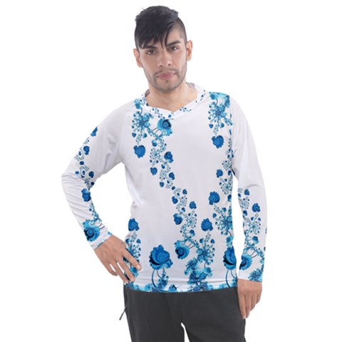 Abstract Blue Flowers On White Men s Pique Long Sleeve Tee by SpinnyChairDesigns