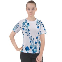 Abstract Blue Flowers On White Women s Sport Raglan Tee