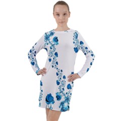 Abstract Blue Flowers On White Long Sleeve Hoodie Dress by SpinnyChairDesigns