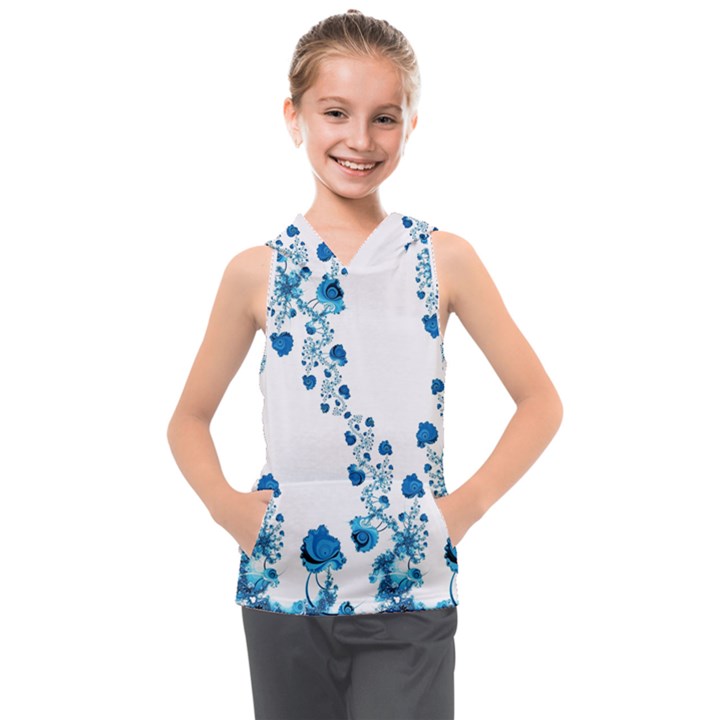 Abstract Blue Flowers on White Kids  Sleeveless Hoodie