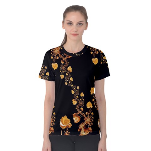 Abstract Gold Yellow Roses On Black Women s Cotton Tee by SpinnyChairDesigns