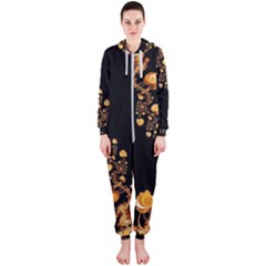 Abstract Gold Yellow Roses On Black Hooded Jumpsuit (ladies)  by SpinnyChairDesigns