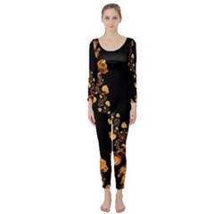 Abstract Gold Yellow Roses On Black Long Sleeve Catsuit by SpinnyChairDesigns