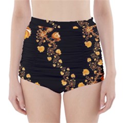 Abstract Gold Yellow Roses On Black High-waisted Bikini Bottoms by SpinnyChairDesigns