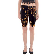 Abstract Gold Yellow Roses On Black Yoga Cropped Leggings by SpinnyChairDesigns