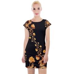 Abstract Gold Yellow Roses On Black Cap Sleeve Bodycon Dress by SpinnyChairDesigns