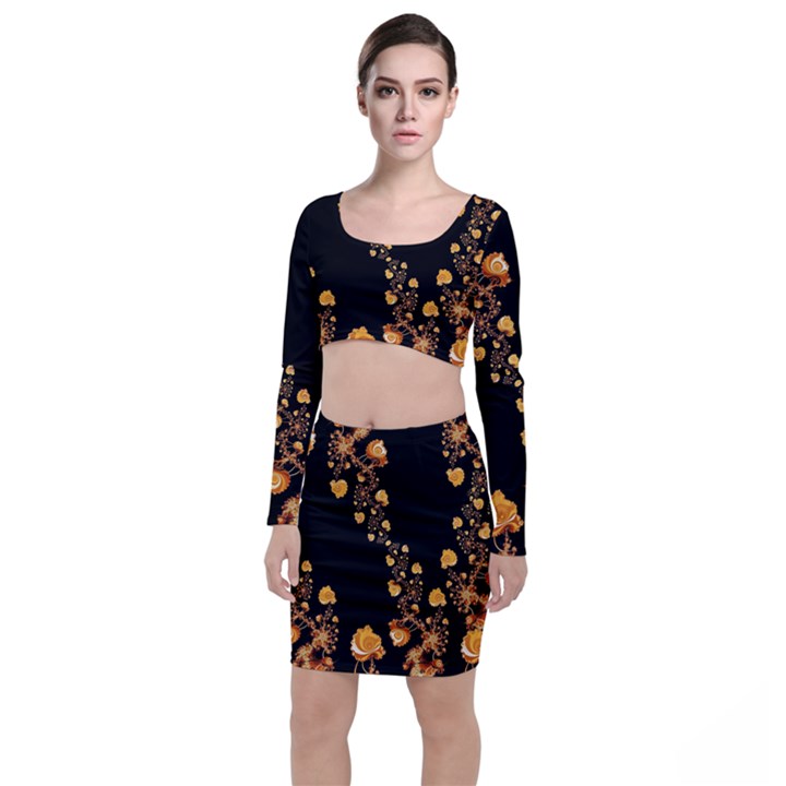 Abstract Gold Yellow Roses on Black Top and Skirt Sets