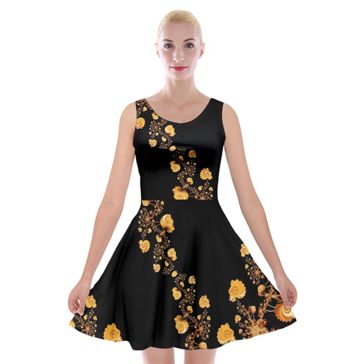 Abstract Gold Yellow Roses on Black Velvet Skater Dress