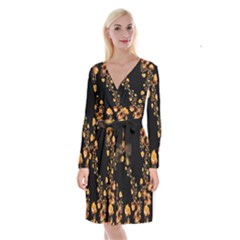 Abstract Gold Yellow Roses On Black Long Sleeve Velvet Front Wrap Dress by SpinnyChairDesigns