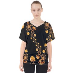 Abstract Gold Yellow Roses On Black V-neck Dolman Drape Top by SpinnyChairDesigns