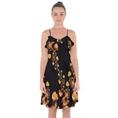 Abstract Gold Yellow Roses On Black Ruffle Detail Chiffon Dress by SpinnyChairDesigns