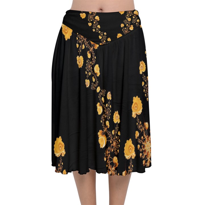 Abstract Gold Yellow Roses on Black Velvet Flared Midi Skirt