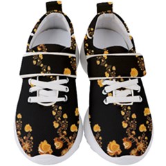 Abstract Gold Yellow Roses On Black Kids  Velcro Strap Shoes by SpinnyChairDesigns