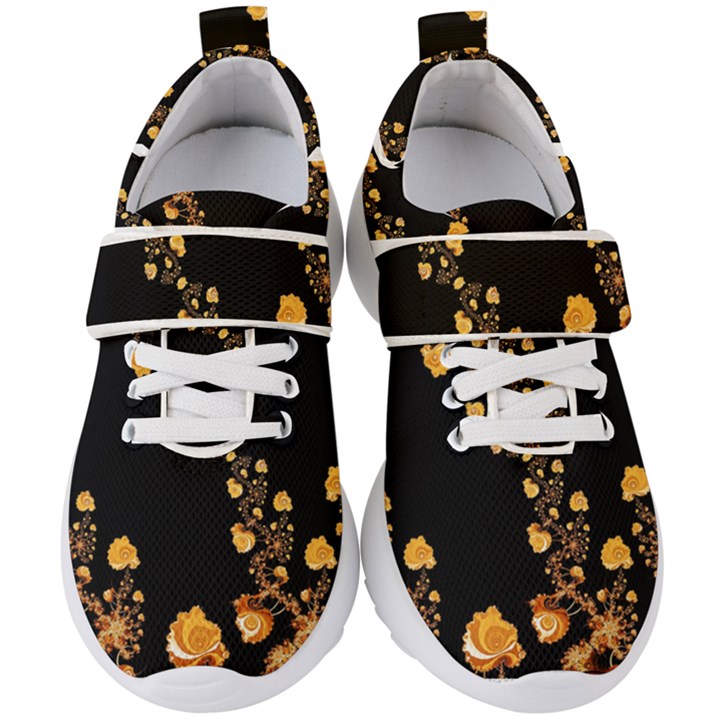 Abstract Gold Yellow Roses on Black Kids  Velcro Strap Shoes