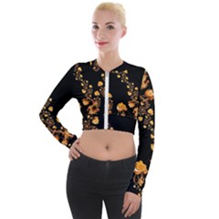 Abstract Gold Yellow Roses On Black Long Sleeve Cropped Velvet Jacket by SpinnyChairDesigns