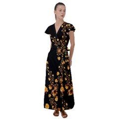 Abstract Gold Yellow Roses On Black Flutter Sleeve Maxi Dress by SpinnyChairDesigns