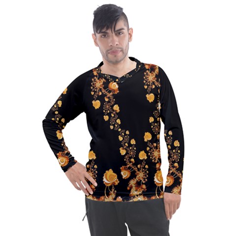 Abstract Gold Yellow Roses On Black Men s Pique Long Sleeve Tee by SpinnyChairDesigns