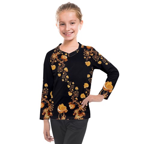 Abstract Gold Yellow Roses On Black Kids  Long Mesh Tee by SpinnyChairDesigns