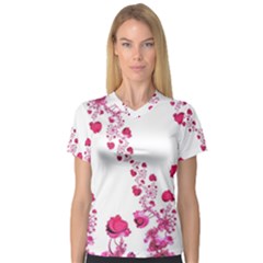 Abstract Pink Roses On White V-neck Sport Mesh Tee