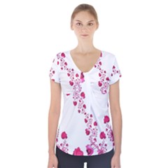 Abstract Pink Roses On White Short Sleeve Front Detail Top by SpinnyChairDesigns