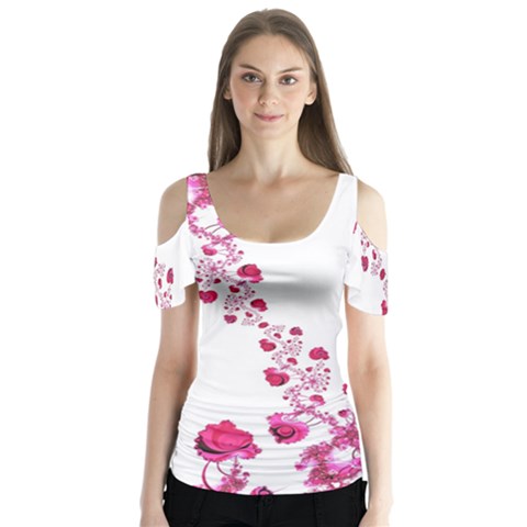 Abstract Pink Roses On White Butterfly Sleeve Cutout Tee  by SpinnyChairDesigns