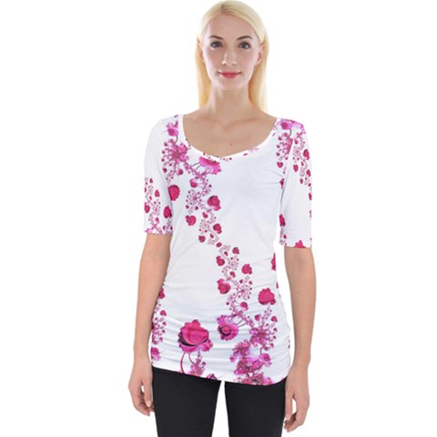 Abstract Pink Roses On White Wide Neckline Tee by SpinnyChairDesigns