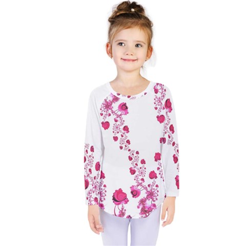 Abstract Pink Roses On White Kids  Long Sleeve Tee by SpinnyChairDesigns