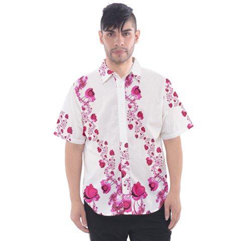 Abstract Pink Roses On White Men s Short Sleeve Shirt by SpinnyChairDesigns