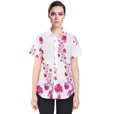 Abstract Pink Roses On White Women s Short Sleeve Shirt by SpinnyChairDesigns