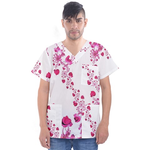 Abstract Pink Roses On White Men s V-neck Scrub Top by SpinnyChairDesigns