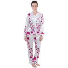 Abstract Pink Roses On White Satin Long Sleeve Pyjamas Set by SpinnyChairDesigns