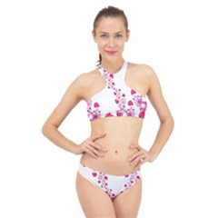 Abstract Pink Roses On White High Neck Bikini Set by SpinnyChairDesigns