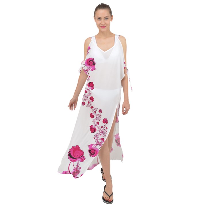 Abstract Pink Roses on White Maxi Chiffon Cover Up Dress