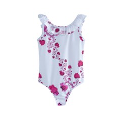 Abstract Pink Roses On White Kids  Frill Swimsuit by SpinnyChairDesigns