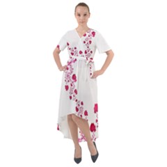 Abstract Pink Roses On White Front Wrap High Low Dress