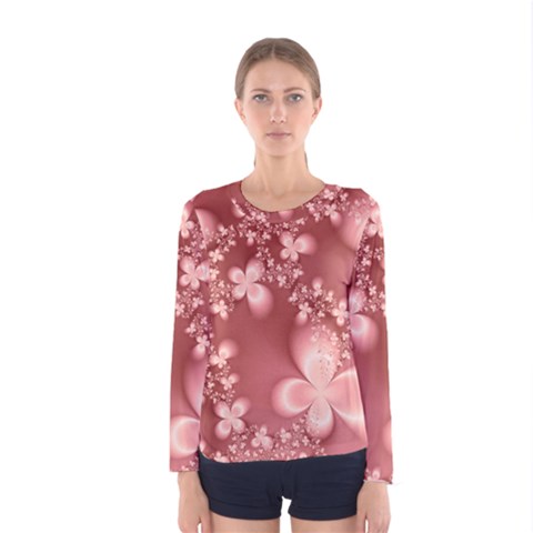 Tea Rose Colored Floral Pattern Women s Long Sleeve Tee by SpinnyChairDesigns