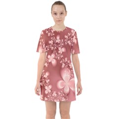 Tea Rose Colored Floral Pattern Sixties Short Sleeve Mini Dress by SpinnyChairDesigns