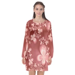 Tea Rose Colored Floral Pattern Long Sleeve Chiffon Shift Dress  by SpinnyChairDesigns