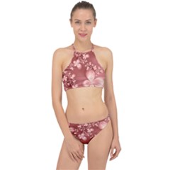 Tea Rose Colored Floral Pattern Racer Front Bikini Set by SpinnyChairDesigns