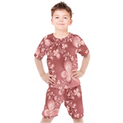 Tea Rose Colored Floral Pattern Kids  Tee And Shorts Set by SpinnyChairDesigns