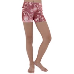 Tea Rose Colored Floral Pattern Kids  Lightweight Velour Yoga Shorts by SpinnyChairDesigns